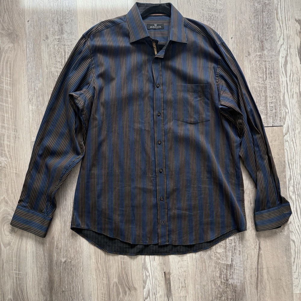 Bugatchi Uomo Mens Striped Button-Up Shirt With Dark Blue Orange Fits like XL